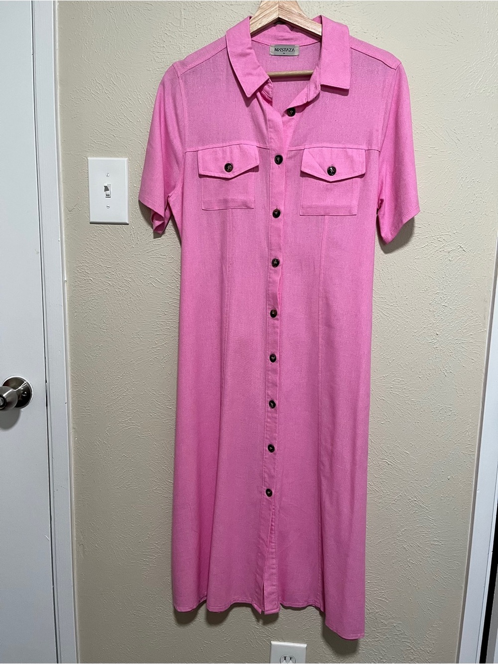 Mxstaza Bright Pink Button-Front Midi Shirt Dress